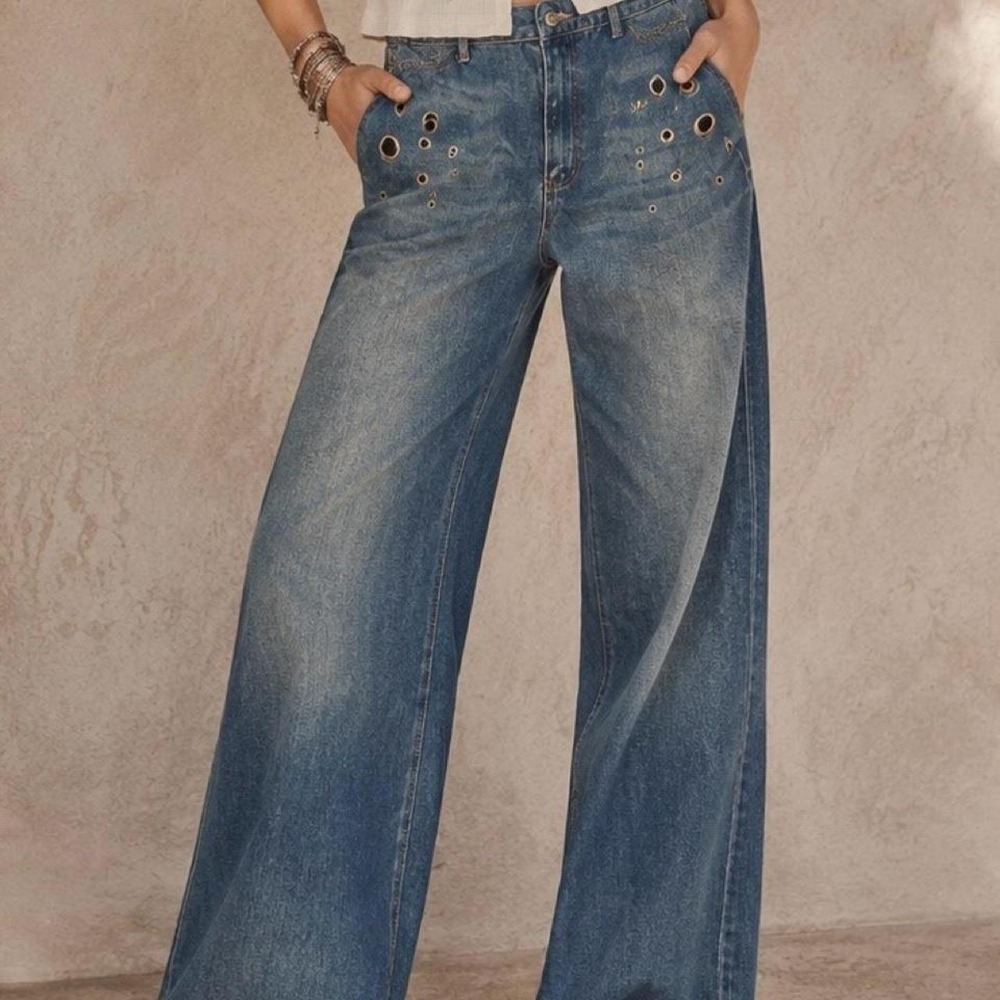 Cali 1850 Wide Leg Grommet Eyelet Denim Jeans Medium Wash Baggy Pants Size 11/30